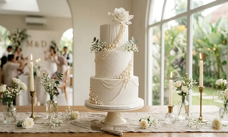 Elegant All-White Simple Wedding Cakes with Textures and Pearls